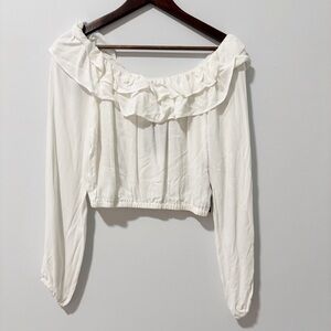 Forever 21 Womens White Puff Sleeve Ruffled Crop Blouse Size Medium‎ NWT